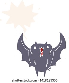 cartoon happy vampire bat with speech bubble in retro style