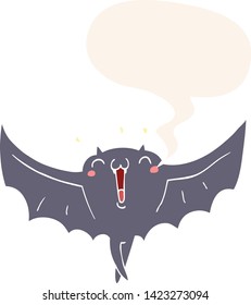 cartoon happy vampire bat with speech bubble in retro style