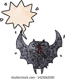 cartoon happy vampire bat with speech bubble in retro texture style