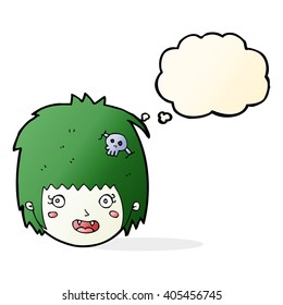 cartoon happy vampire girl face with thought bubble
