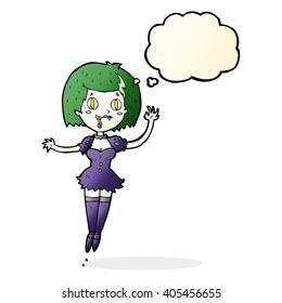 cartoon happy vampire girl with thought bubble