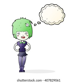 cartoon happy vampire girl with thought bubble