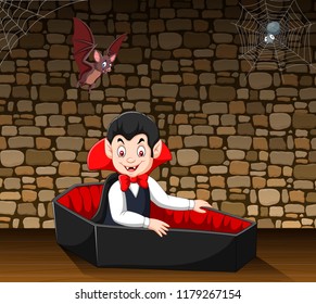 Cartoon happy vampire in his coffin