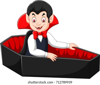 Cartoon happy vampire in his coffin