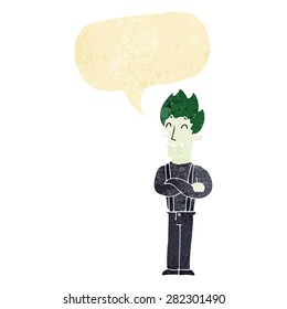 cartoon happy vampire man with speech bubble