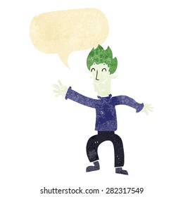 cartoon happy vampire man with speech bubble