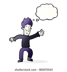 cartoon happy vampire man with thought bubble