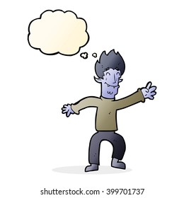 cartoon happy vampire man with thought bubble
