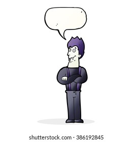 cartoon happy vampire with speech bubble