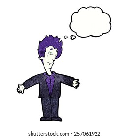 vampiro feliz de caricatura con burbuja de pensamiento