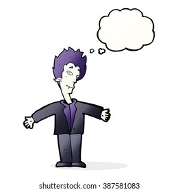 cartoon happy vampire with thought bubble