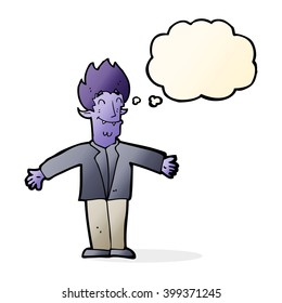 cartoon happy vampire with thought bubble