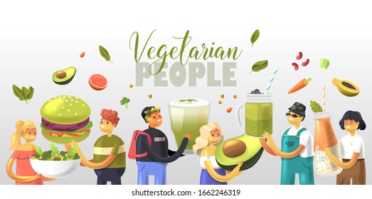 Cartoon happy vegetarian characters holding natural products. Healthy lifestyle concept. Set of young people on a white background. Eco invitation card. Vector illustration
