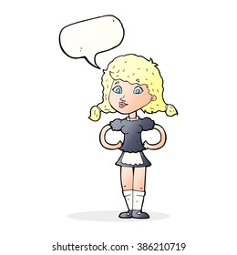 cartoon happy waitress woman with speech bubble