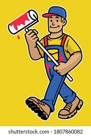 cartoon happy wall painter worker mascot