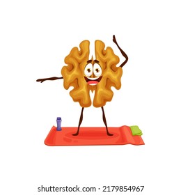 Cartoon happy walnut character on yoga or fitness sport. Vector funny nut personage stand on mat in asana pose. Zen meditation class, health and mind balance, comic seed yogi practice