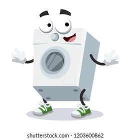 cartoon happy washing machine mascot smiling on white background