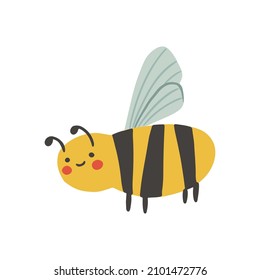 Cartoon happy wasp or bee isolated on white background. Vector childish bee illustration. Cute flat insect perfect for textile, sticker, poster, card