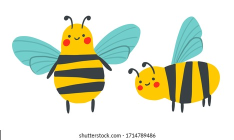 Cartoon happy wasp isolated on white background collection. Vector childish bee illustration. Cute flat insect set perfect for textile, sticker, poster, card