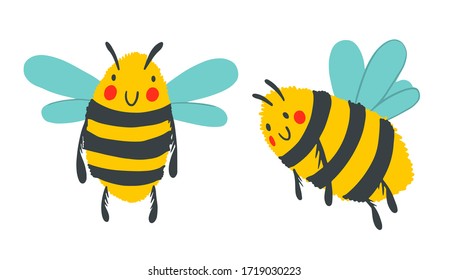 Caricatura de alegre avispa aislada en la colección de fondo blanco. Imagen de abejas infantil vectorial. Montaje plano de insecto perfecto para textiles, pegatinas, póster, tarjeta