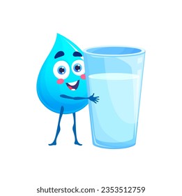 Caricatura con un personaje de gota de agua feliz con un vaso. Gotas de agua azul, goteo líquido fresco o humedad pura, caída aislada de carácter feliz vector. Limpiar la gota de la gota de la gota de agua infantil de la mascota