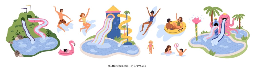 Cartoon happy water park visitors. Funny people in aquapark. Adults and children ride down slides. Plastic attractions. Waterpark entertainment. Family summer leisure