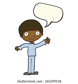 cartoon happy waving boy with speech bubble