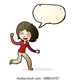 cartoon happy waving girl with speech bubble