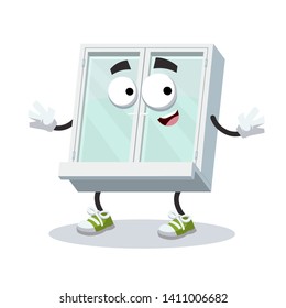 cartoon happy white closed plastic window mascot smiling on white background