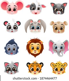 Cartoon happy wild animals head collection