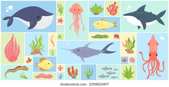 Cartoon happy wild inhabitants of ocean life or aquarium, coral reef wildlife and tropical nature collection in square collage background. Underwater sea animals and fishes set vector illustration