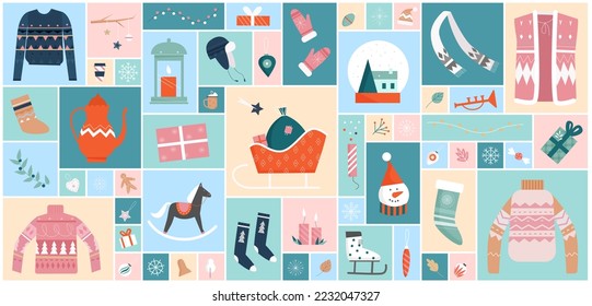 Cartoon happy winter season and holidays collection with festive garland, ornament sweater, candle in geometric collage background. Cute Christmas decoration and objects wide set vector illustration.