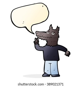 cartoon happy wolf man with speech bubble