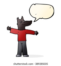 cartoon happy wolf man with speech bubble