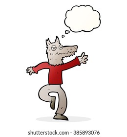 cartoon happy wolf man with thought bubble