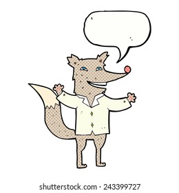 cartoon happy wolf wearing shirt with speech bubble