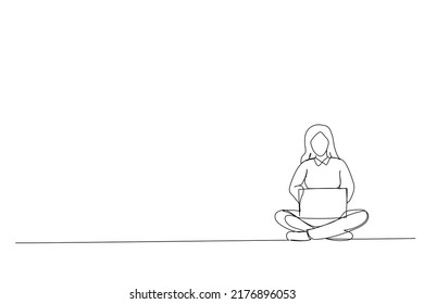Cartoon of happy woman in casual sitting on floor in lotus pose and holding laptop One Line art

