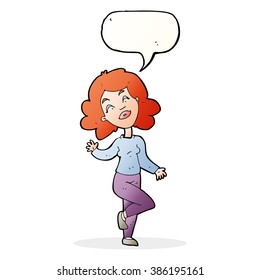 cartoon happy woman dancing with speech bubble