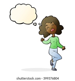 cartoon happy woman dancing with thought bubble