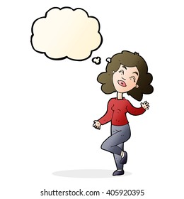 cartoon happy woman dancing with thought bubble