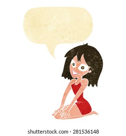 cartoon happy woman in dress with speech bubble