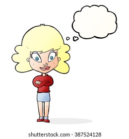 cartoon happy woman with folded arms with thought bubble