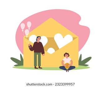 Cartoon happy woman gives balloons to girl holding ball. Help from humanitarian aid organization. Volunteer social assistance for children. Vector illustration