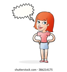 cartoon happy woman with hands on hips with speech bubble