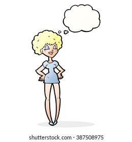 cartoon happy woman with hands on hips with thought bubble