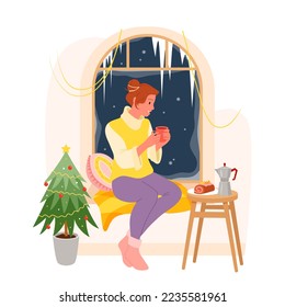 Cartoon happy woman holding glass cup of drink and steam, sitting on windowsill and looking out at night snowfall, cozy winter rest at home. Girl drinking hot coffee by window vector illustration