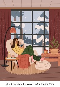 Cartoon happy woman holding glass cup of hot drink, winter landscape outside. Girl sitting in armchair, cozy wintertime rest at home. Girl drinking tea or coffee by window vector illustration