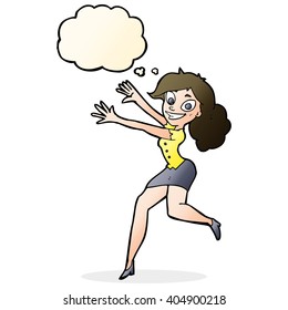 cartoon happy woman jumping with thought bubble