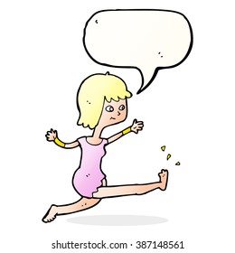 cartoon happy woman kicking with speech bubble