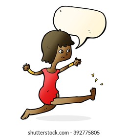 cartoon happy woman kicking with speech bubble